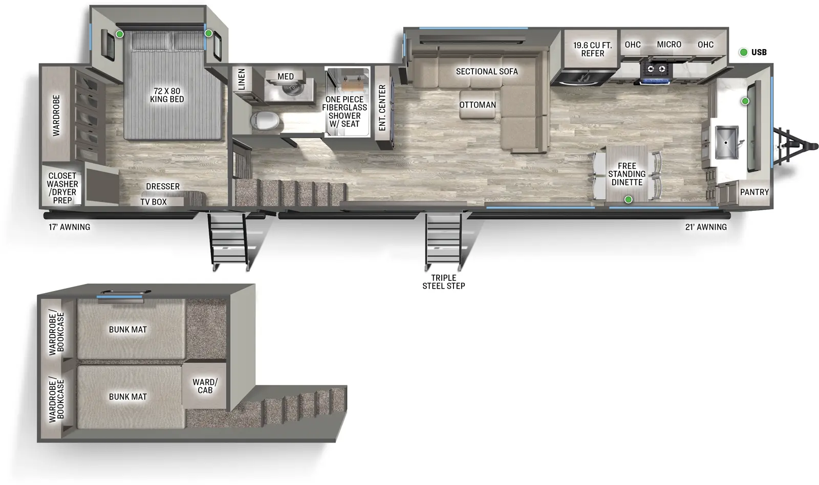 The Sandpiper Destination 421FKL floorplan has two entries and two slide outs. Exterior features include: fiberglass exterior and 17' & 21' awning. Interiors features include: loft, front kitchen, free-standing dinette option and rear bedroom.